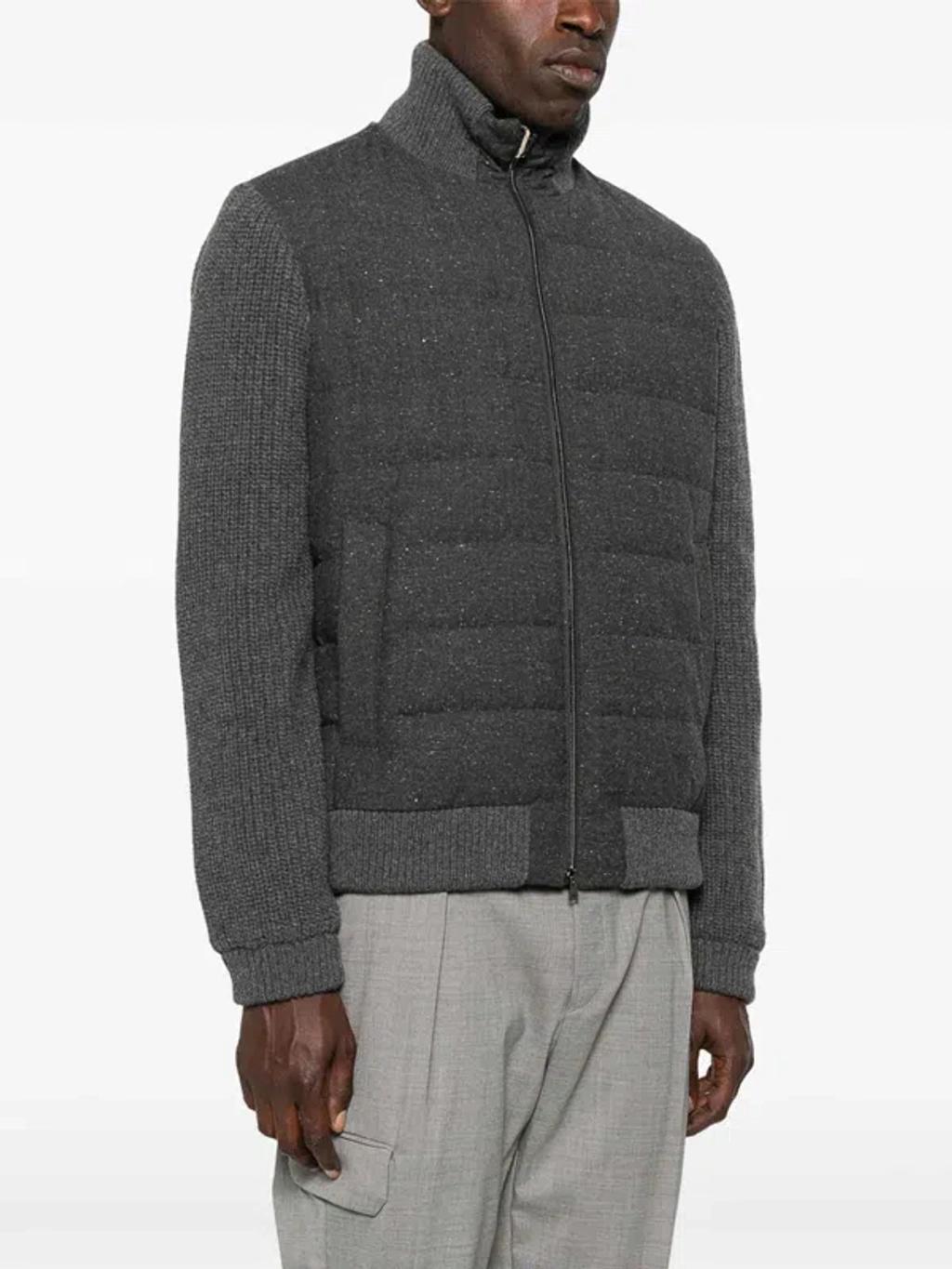 HERNO Padded Bomber Jacket With Knitted Sleeves In Gray Product Image