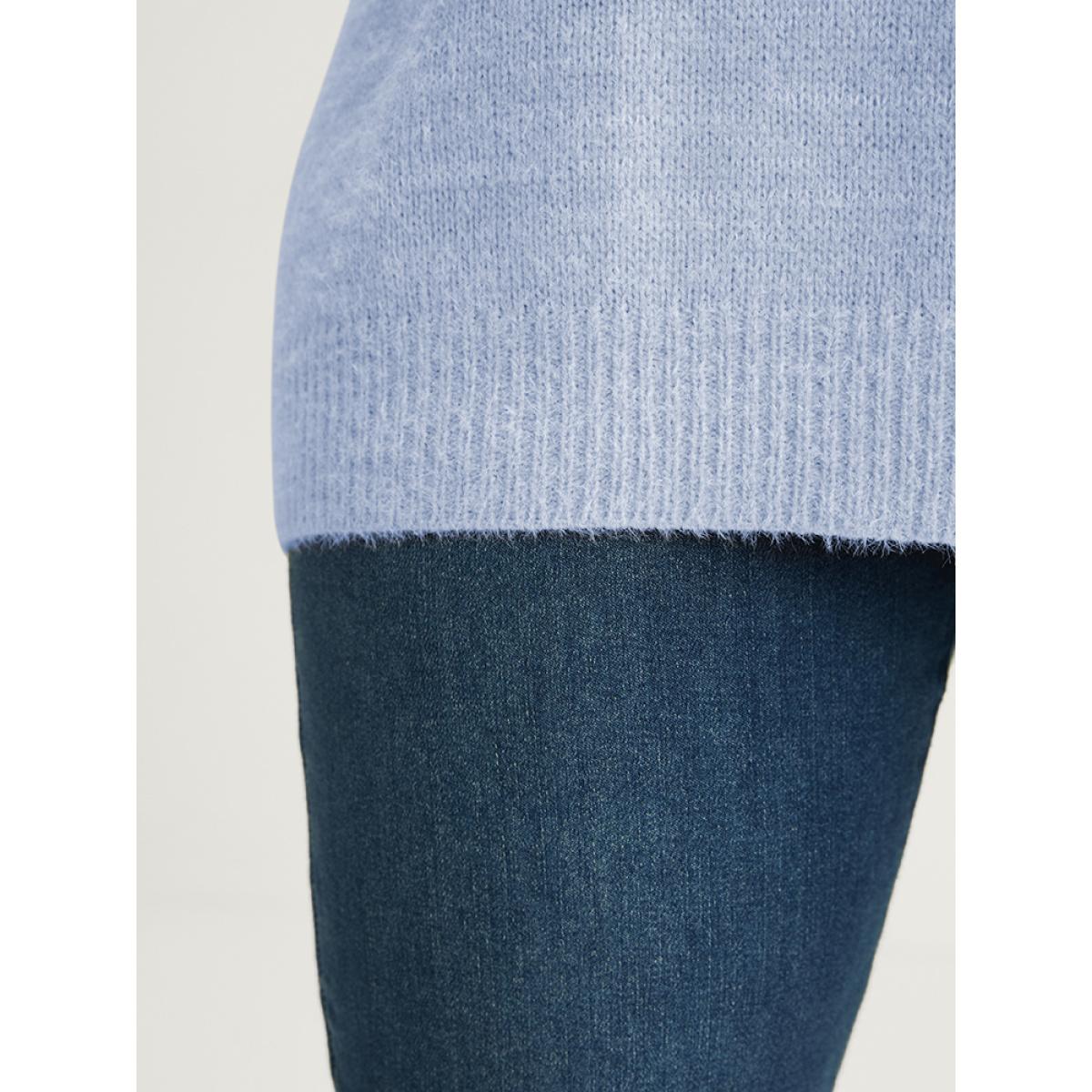 Plus Size Colorblock Contrast Super Soft Plush Knit V Neck Pullover LightBlue Women Elegant Loose Long Sleeve V-neck Dailywear Pullovers BloomChic 26/4X Product Image