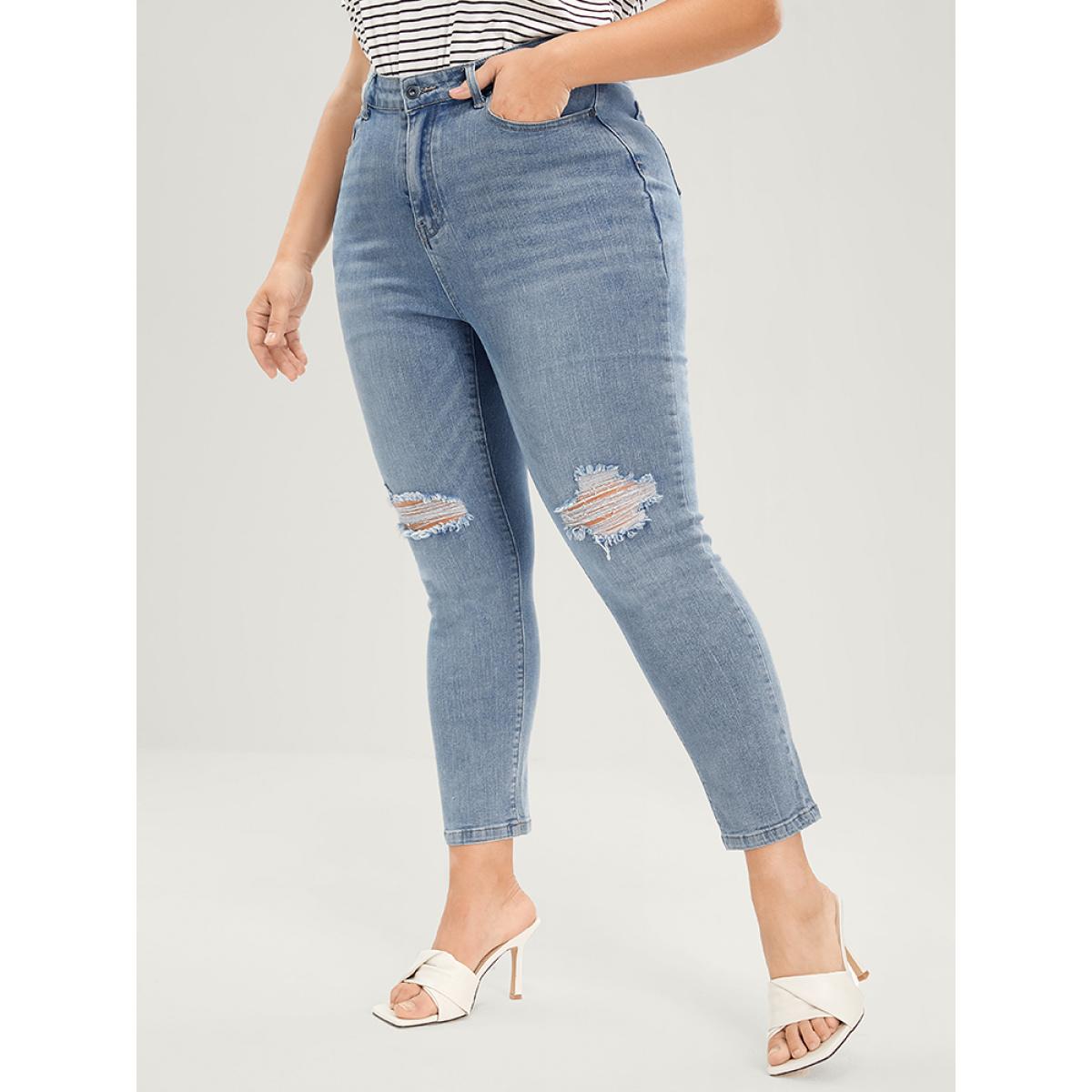 Plus Size Skinny Very Stretchy Mid Rise Light Wash Distressed Jeans Women Blue Casual Plain Distressed High stretch Pocket Jeans BloomChic 22/3X Product Image