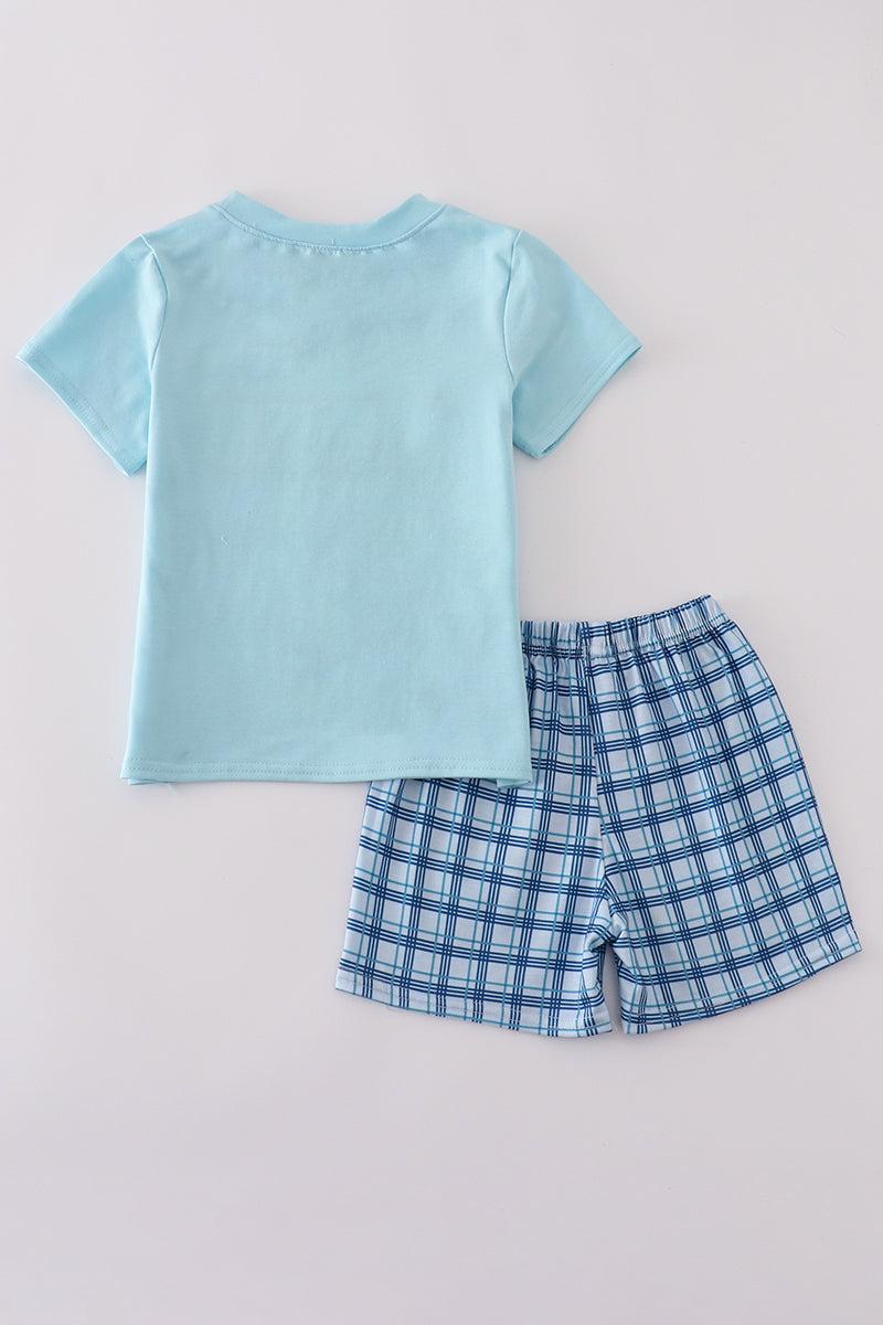 Blue sailboats embroidery smocked shorts set Product Image