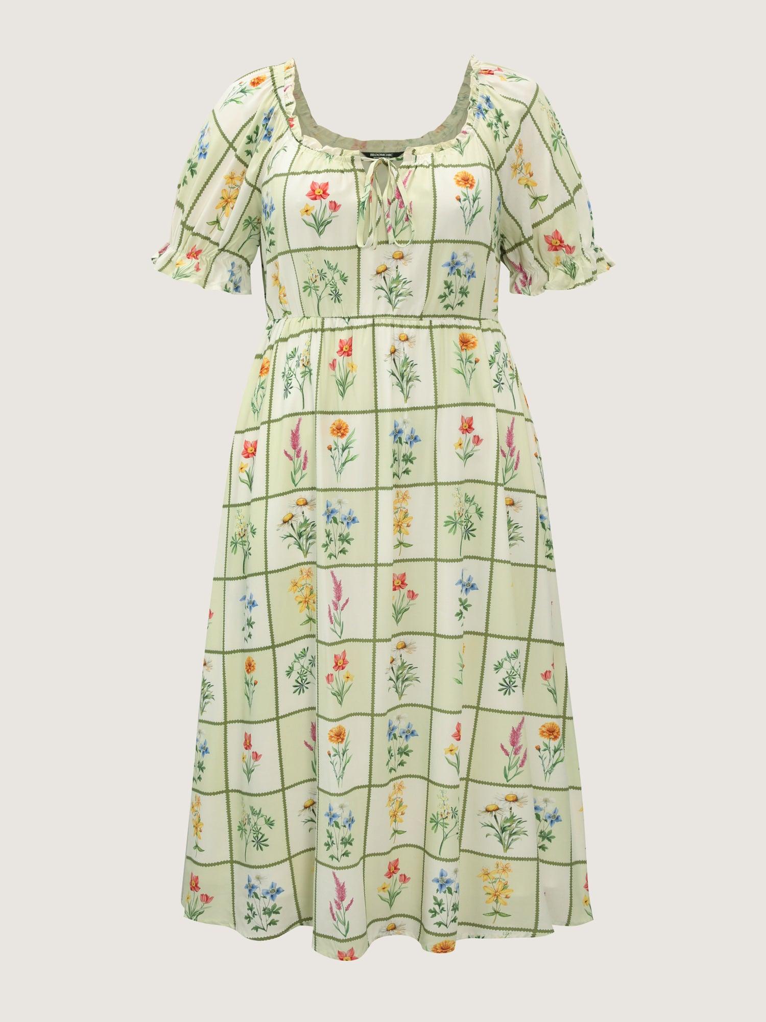 Floral Collage Print Ruffled Neckline Midi Dress Female Product Image
