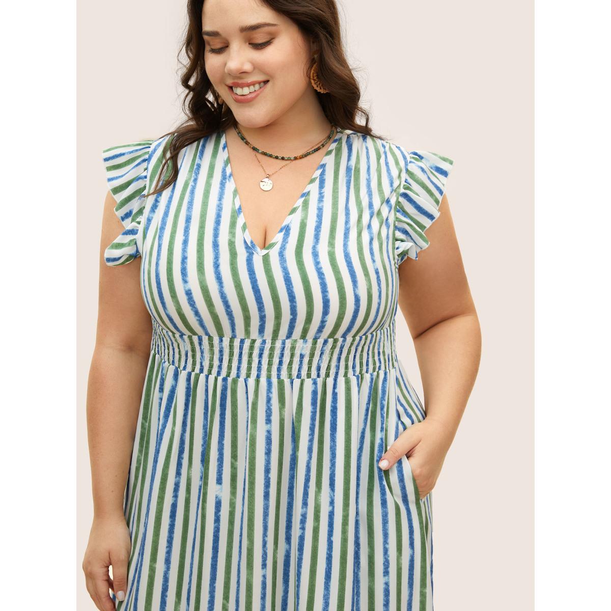 Plus Size Striped Ruffle Cap Sleeve Shirred Dress Mediumblue Women Resort Shirred V-neck Cap Sleeve Curvy BloomChic 18-20/2X Product Image