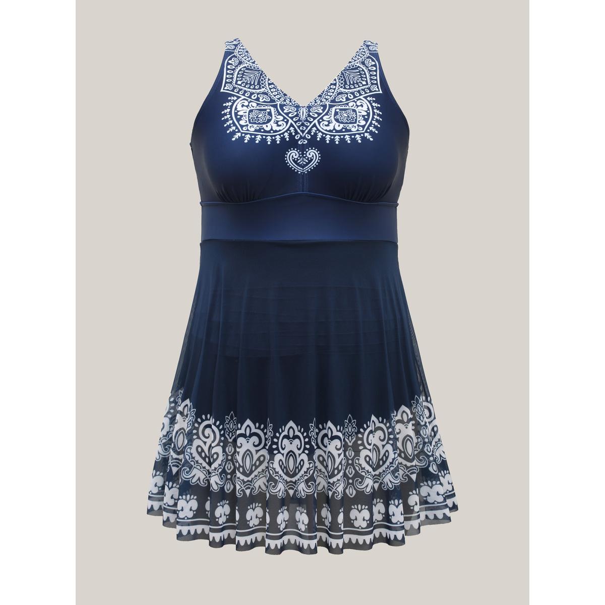 Plus Size Boho Print Mesh V-Neck Swim Dress Women's Swimwear Indigo Beach Bodycon V-neck High stretch Curve Swim Dresses BloomChic 10/M Product Image