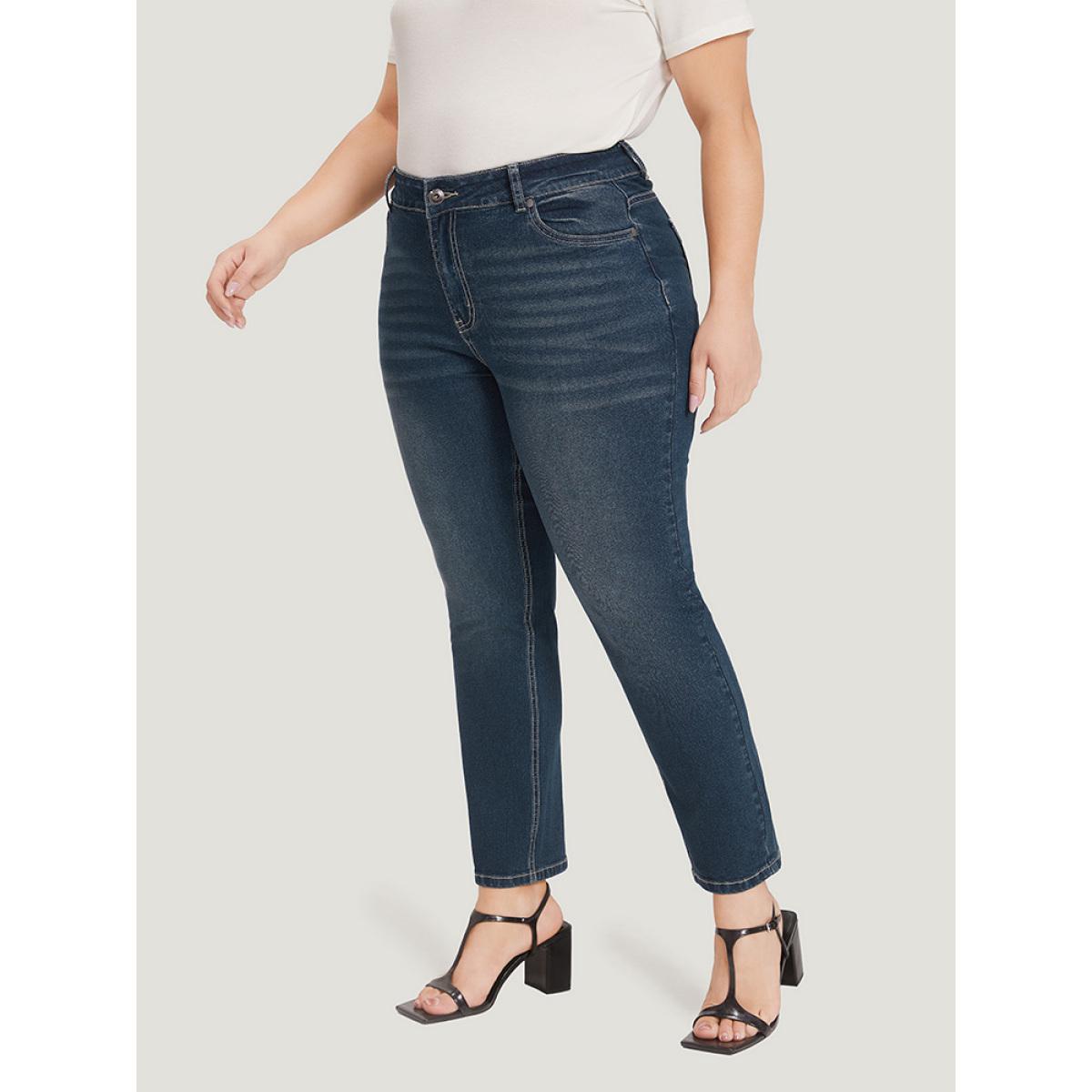 Plus Size Solid High Rise Pocket Dark Wash Jeans Women Midnight Casual Plain Plain High stretch Pocket Jeans BloomChic 22/3X Product Image