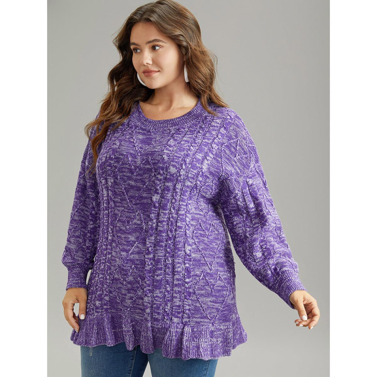 Plus Size Heather Flutter Hem Cable Knit Pullover BlueViolet Women Casual Loose Long Sleeve Round Neck Dailywear Pullovers BloomChic 12/L Product Image