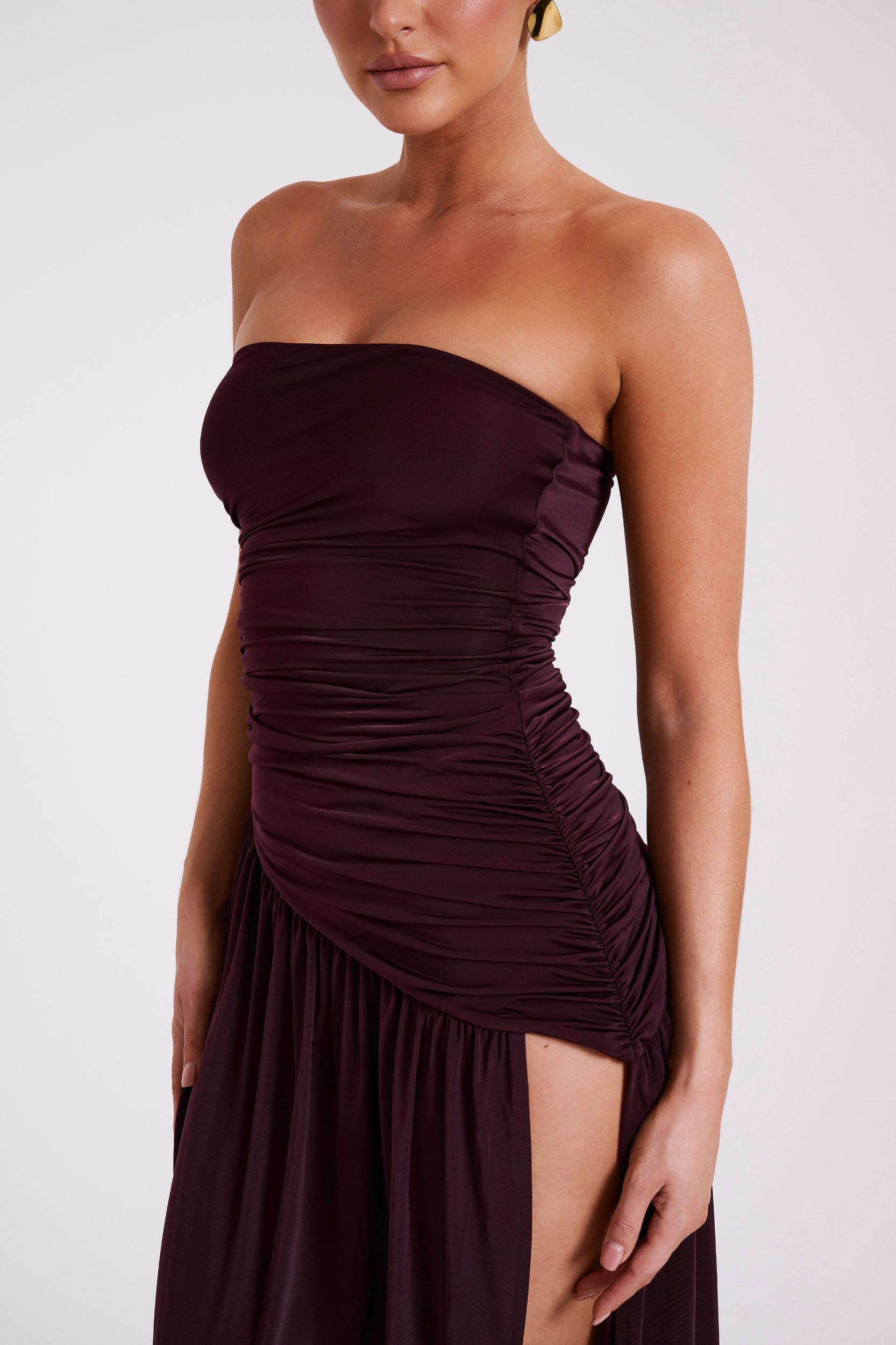 Bex Strapless Slinky Maxi Dress With Split - Burgundy Product Image