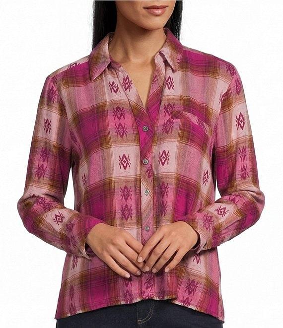 Westbound Jacquard Flannel Long Sleeve Y-Neck Button Front Top Product Image