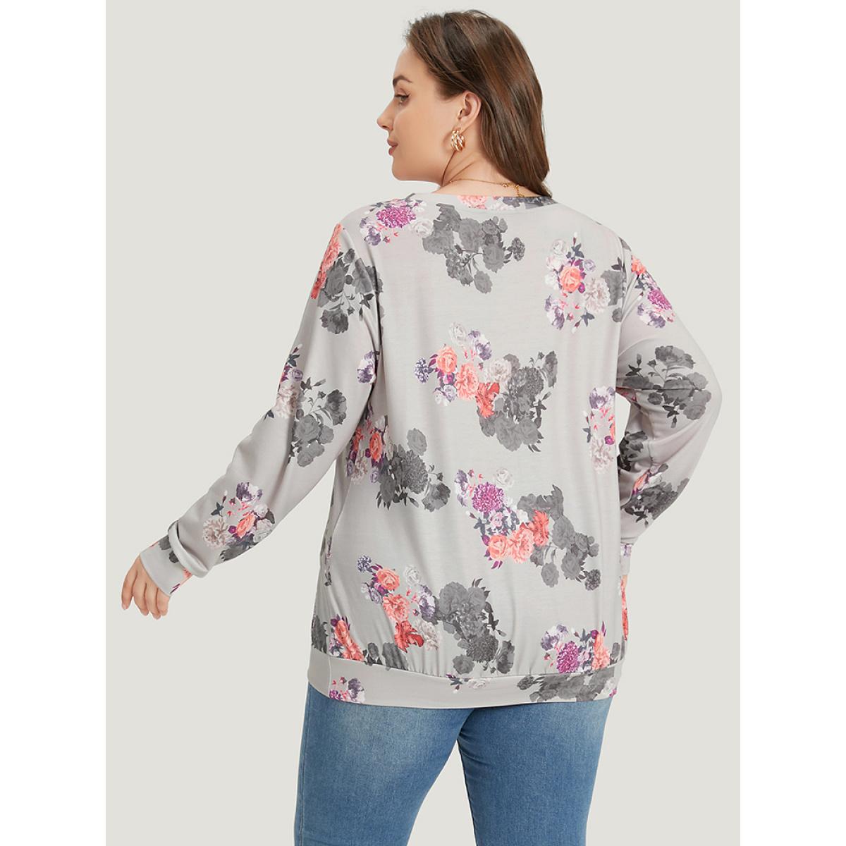 Plus Size Letter & Floral Print Crew Neck Sweatshirt Women Multicolor Elegant Printed Round Neck Dailywear Sweatshirts BloomChic 22-24/3X Product Image
