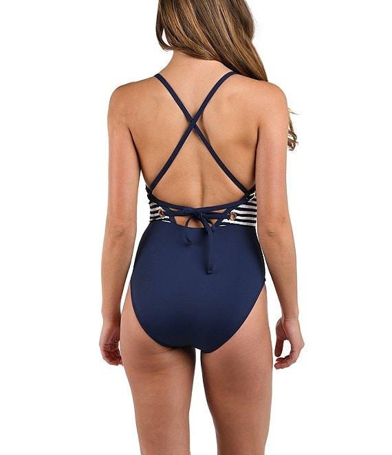La Blanca Set Sail Ribbed Knit Plunge V-Neck Gold Grommets Tummy Control One Piece Swimsuit Product Image