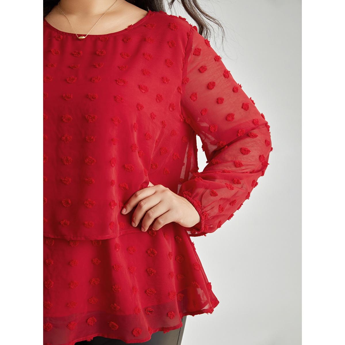 Plus Size Scarlet Solid Textured Lantern Sleeve Tiered Hem Blouse Women Elegant Long Sleeve Round Neck Everyday Blouses BloomChic 14-16/1X Product Image