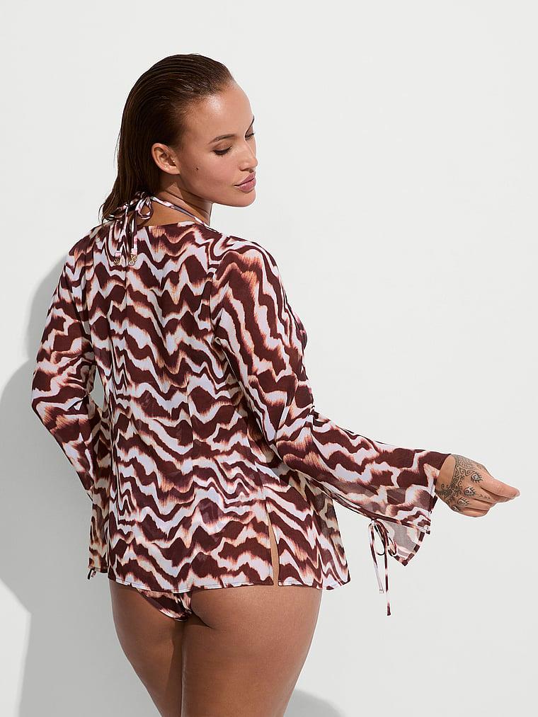 Beachwear Sheer Crinkle Tie-Front Long-Sleeve Top Product Image