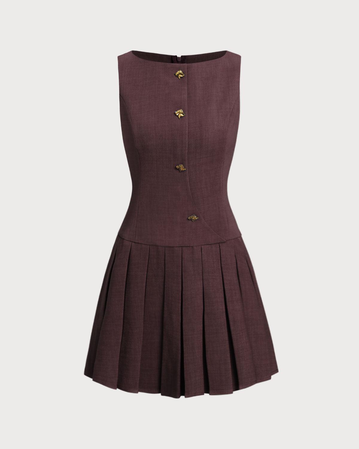 Wine Red Boat Neck Sleeveless Mini Dress Product Image