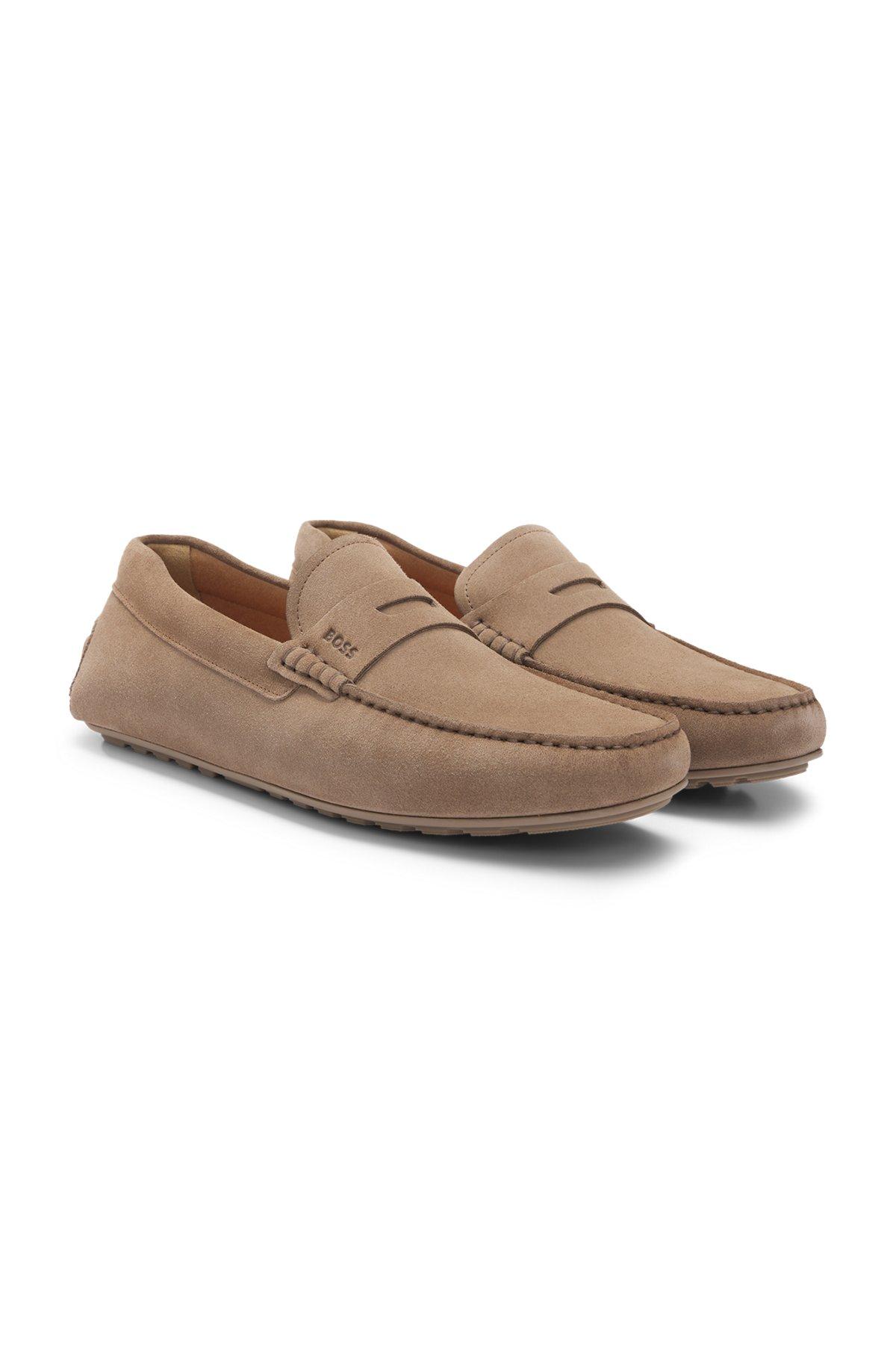 BOSS - Portuguese-crafted moccasin loafers in suede with penny trim - Beige Product Image