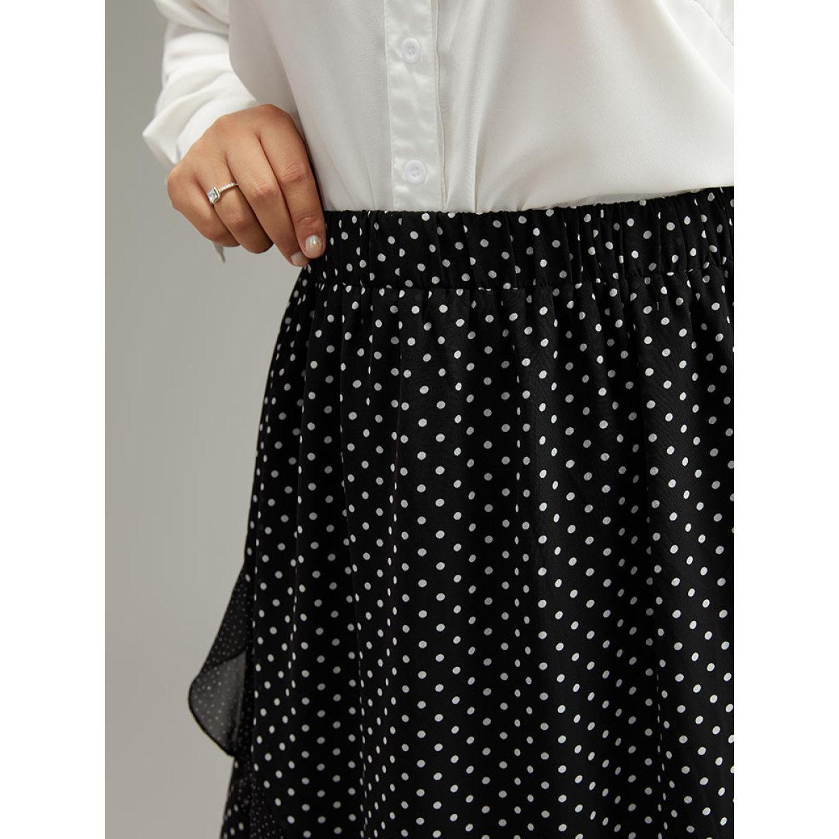 Plus Size Polka Dot Ruffles Elastic Waist Mesh Patchwork Skirt Women Black Elegant See through No stretch Dailywear Skirts BloomChic 22-24/3X Product Image