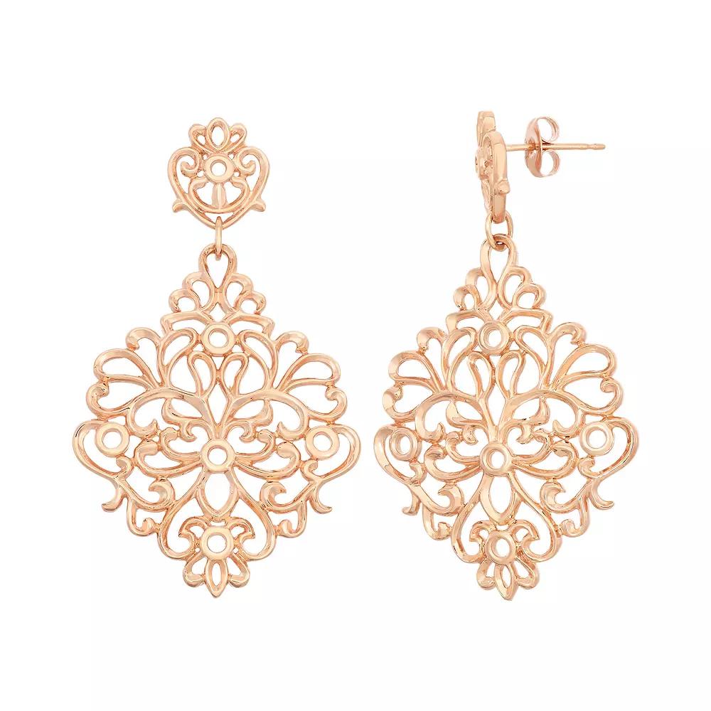 18k Rose Gold Over Silver Floral Filigree Drop Earrings, Women's, Pink Tone Product Image