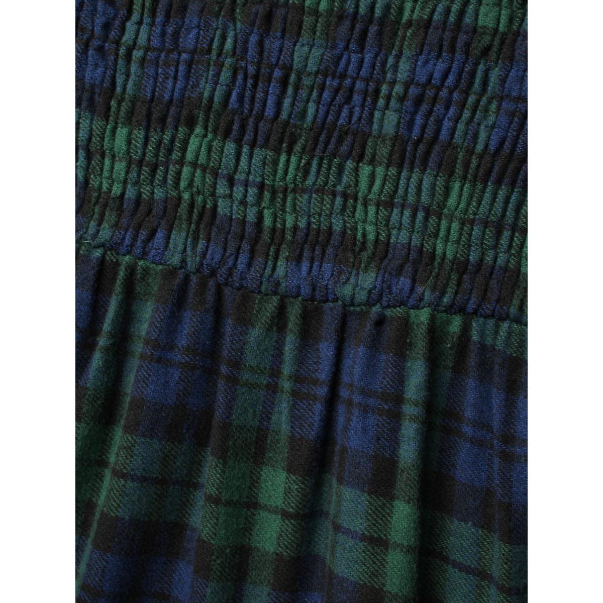 Plus Size Plaid Square Neck Shirred Midi Dress DarkGreen Women Elegant Shirred Square Neck Long Sleeve Curvy BloomChic 14-16/1X Product Image