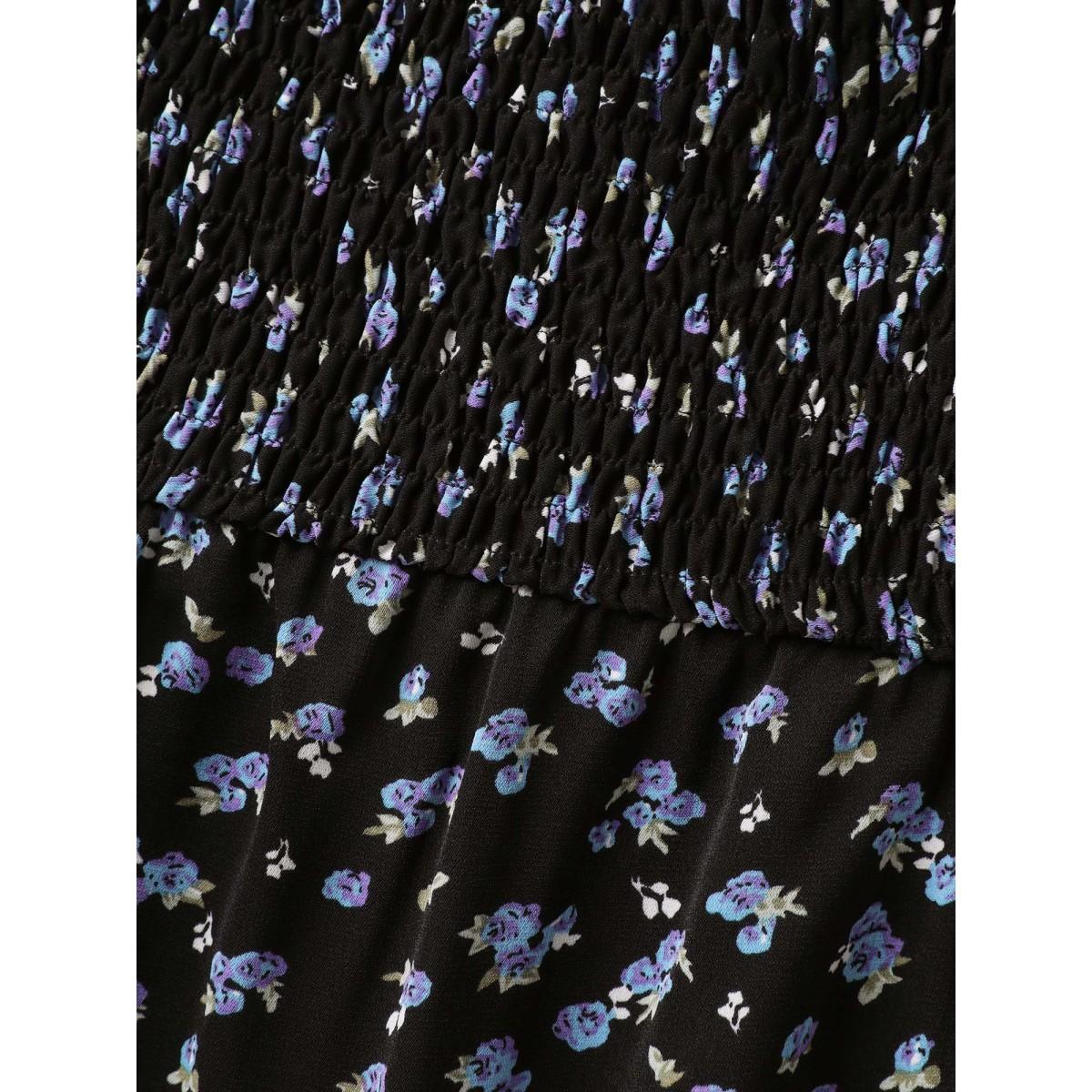 Plus Size Ditsy Floral Shirred Bodice Midi Dress Black Women Timeless Heart neckline Short sleeve Curvy BloomChic 26/4X Product Image