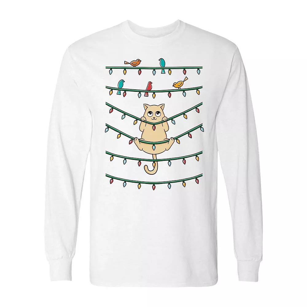 Men's Cat and Birds Christmas Long Sleeve Graphic Tee, Size: Medium, Black Product Image