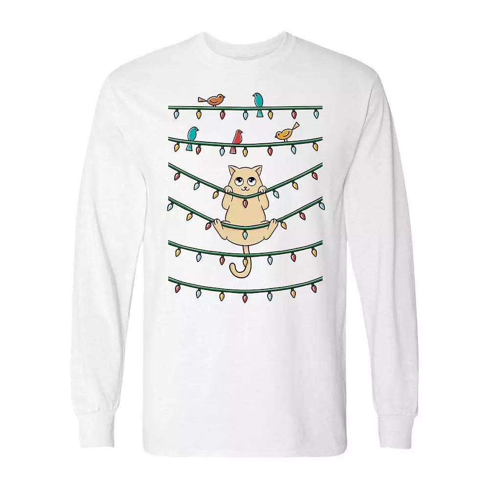 Men's Cat and Birds Christmas Long Sleeve Graphic Tee, Size: Medium, Black Product Image