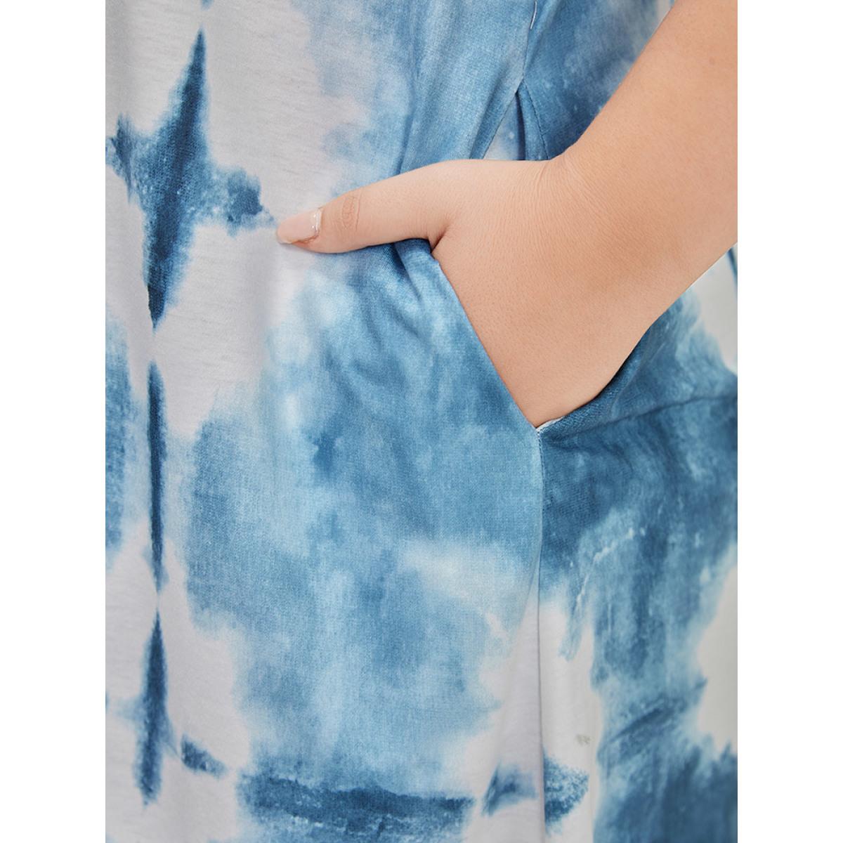 Plus Size Tie Dye Pocket Ruffle Hem Crew Neck Dress Blue Women Casual Printed Round Neck Short sleeve Curvy Midi Dress BloomChic 22-24/3X Product Image