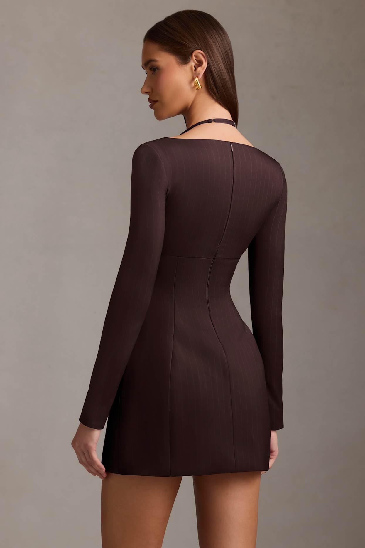 Pinstripe Structured A-Line Mini Dress in Chocolate Brown Product Image