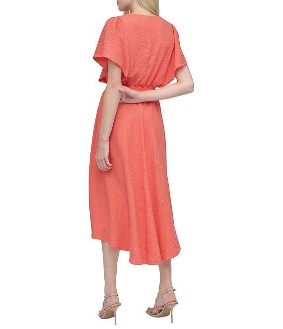 DKNY by Donna Karan V-Neck Flutter Sleeve Smocked Waist Gauze Blouson Midi Dress Product Image