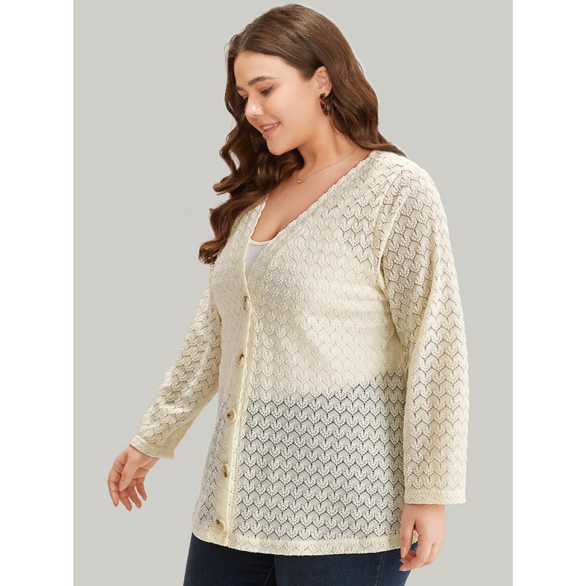 Plus Size Geometric Lace Hollow Out Button Through Jacket Women Beige Casual Plain Ladies Dailywear Winter Coats BloomChic 12/L Product Image