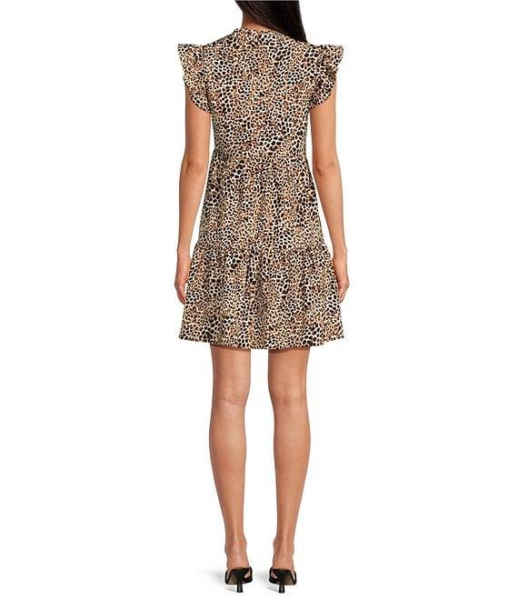 Skies Are Blue Leopard Print Split V-Neck Ruffle Cap Sleeves Shift Mini Dress Product Image