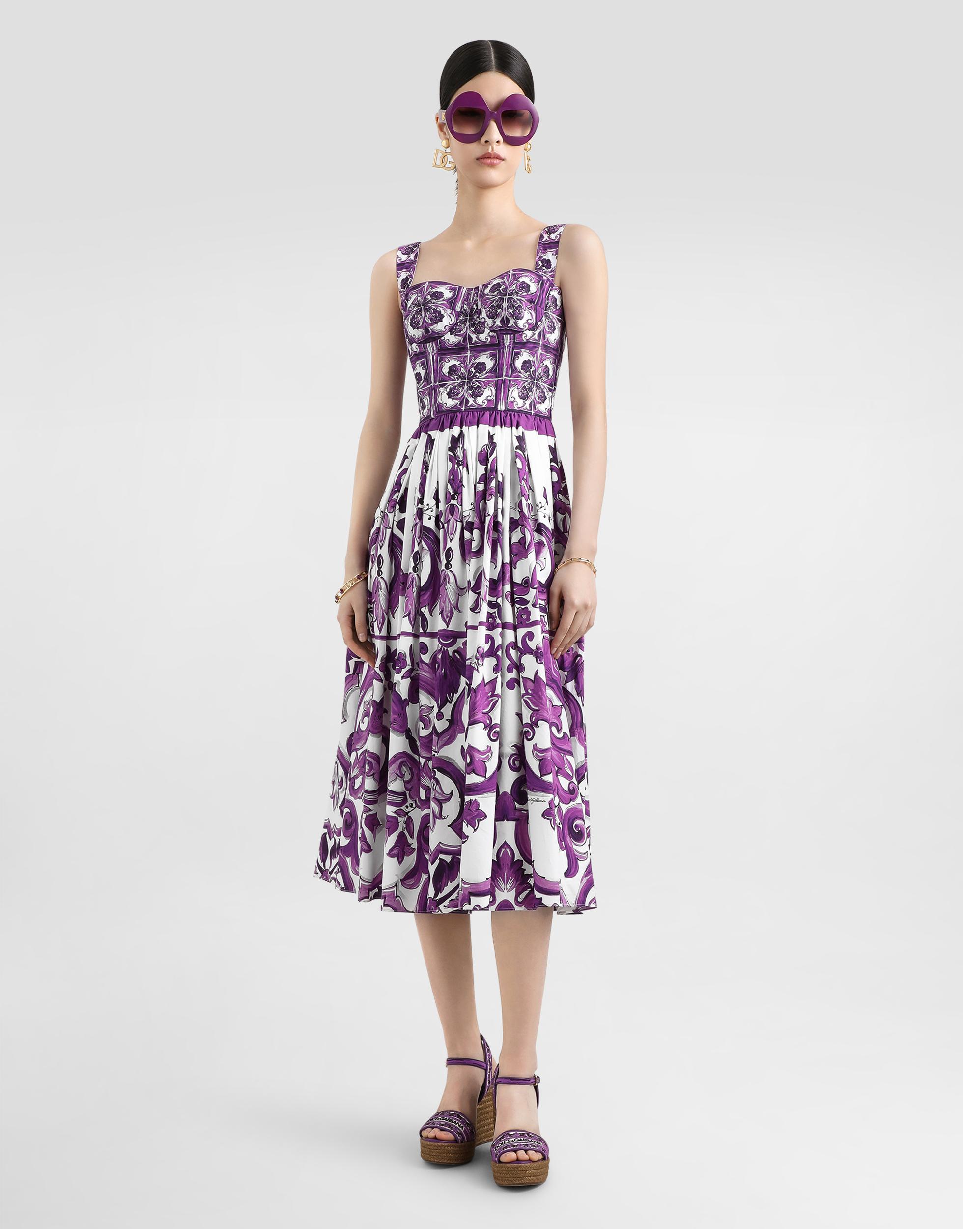 DOLCE & GABBANA Women Cotton Midi Dress With Maiolica Print In Purple Product Image