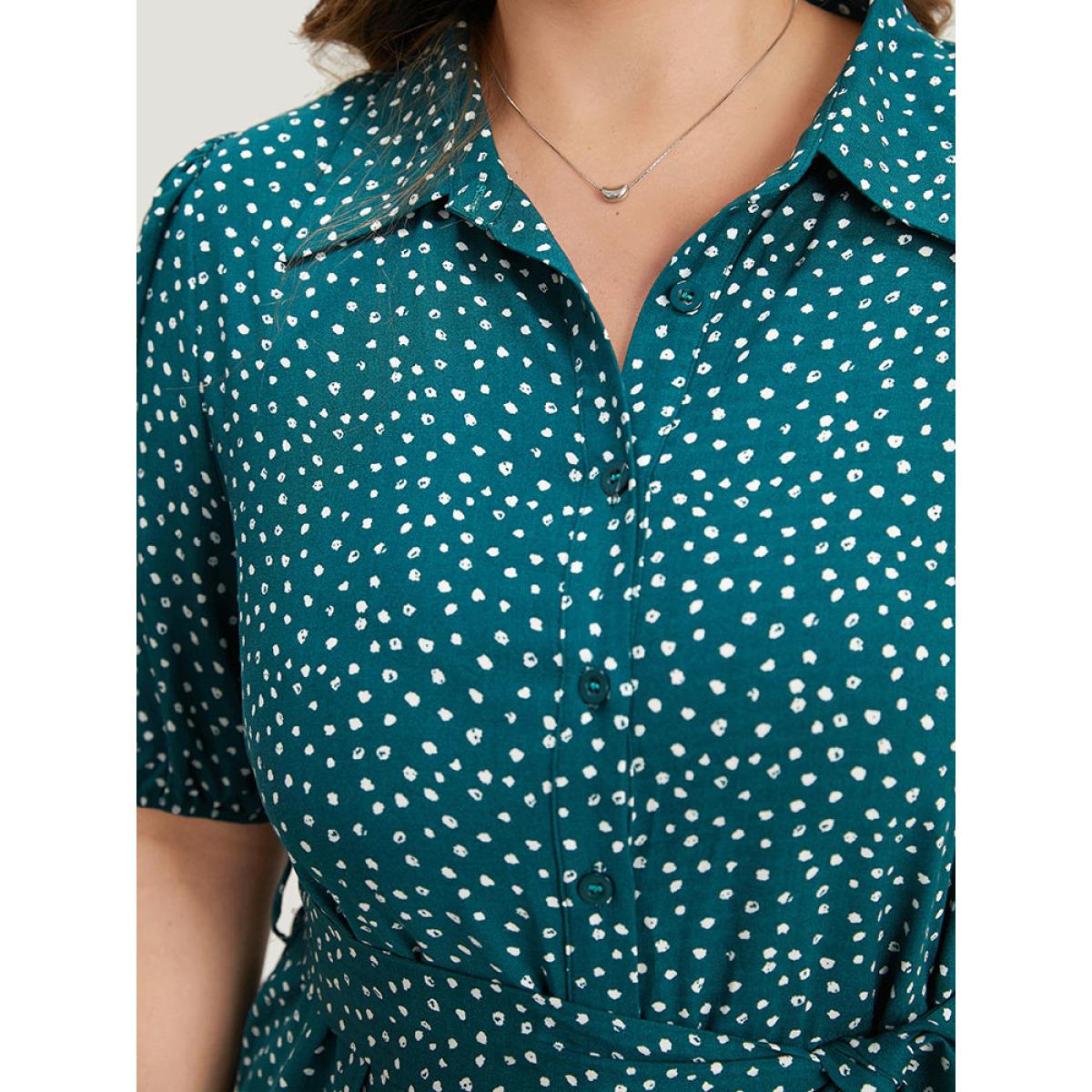 Plus Size Emerald Polka Dot Belted Puff Sleeve Shirt Collar Jumpsuit Women Office Short sleeve Shirt collar Work Loose Jumpsuits BloomChic 26/4X Product Image