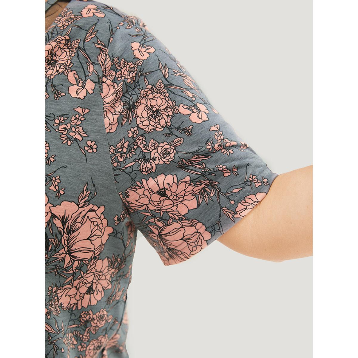 Plus Size Floral Print Mesh Insert Flutter Sleeve T-shirt Gray Women Elegant See through Floral V-neck Dailywear T-shirts BloomChic 22-24/3X Product Image