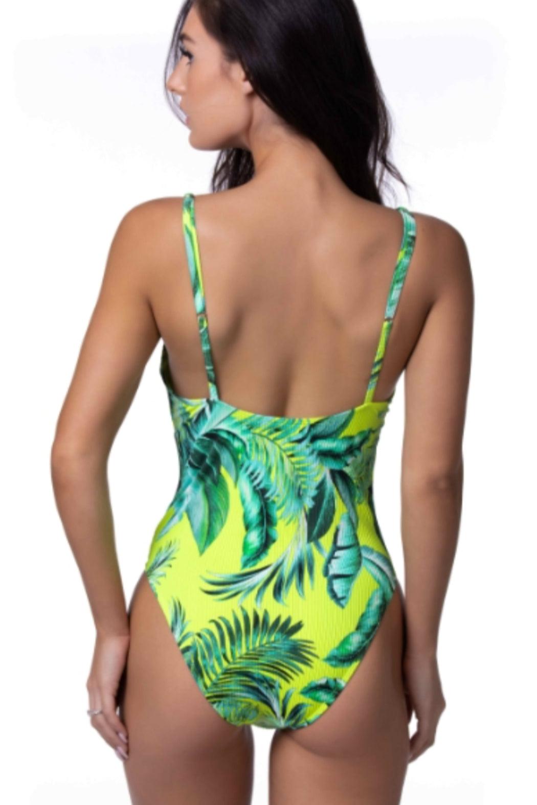 Neon Green Tropical Print One-Piece Swimsuit Product Image