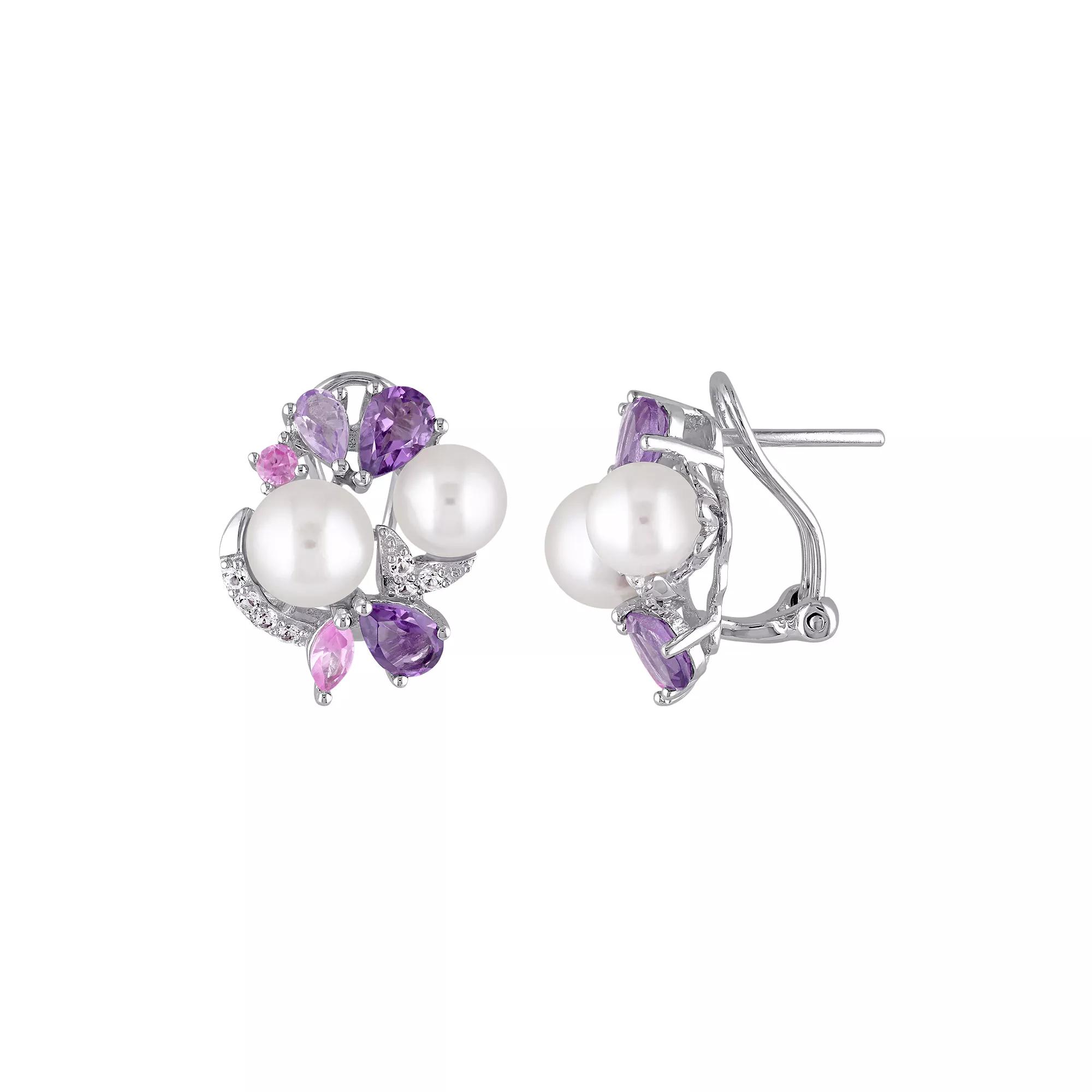 Stella Grace Sterling Silver Gemstone & Freshwater Cultured Pearl Earrings, Women's, Multicolor Product Image
