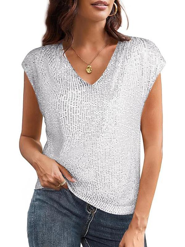 Batwing Sleeves Loose Sequined Shiny V-Neck T-Shirts Tops Product Image