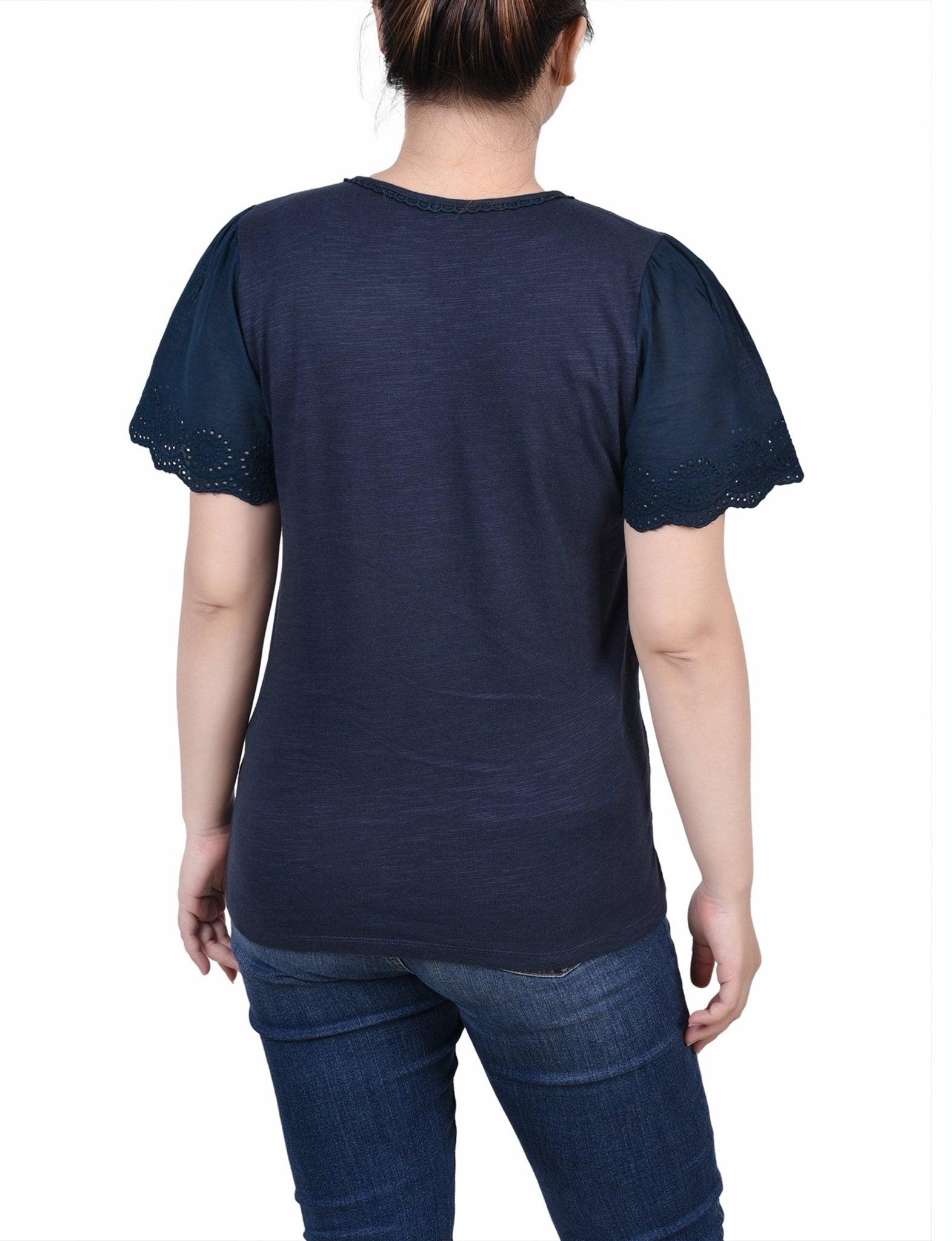 Midnight Navy Short Flutter Eyelet Sleeve Pullover Product Image