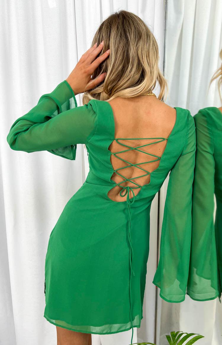 Amalfi Green Long Sleeve Lace Up Mini Dress Product Image