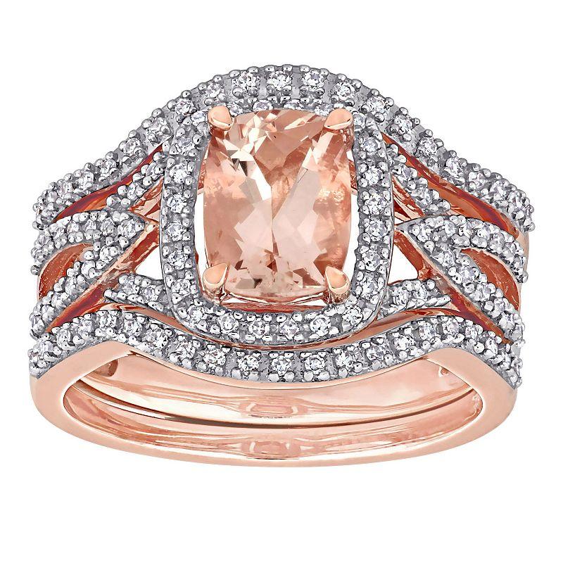 Stella Grace 10k Rose Gold Morganite & 1/3 Carat T.W. Diamond Halo Split Shank Bridal Ring Set, Women's,  Product Image