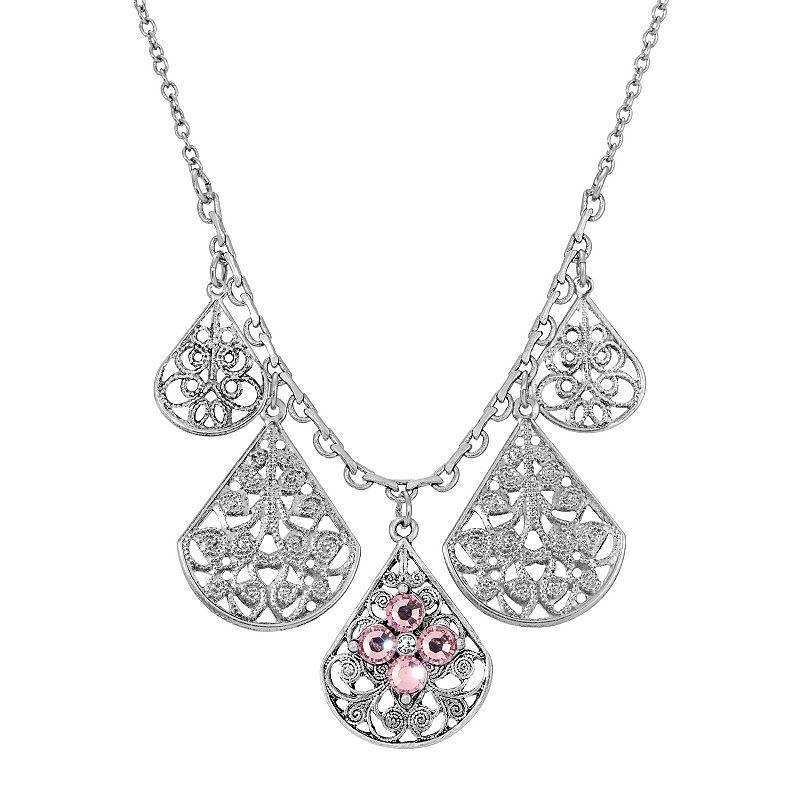 1928 Pewter Crystal Flower Filigree Teardrop Statement Necklace, Womens, Pink Product Image