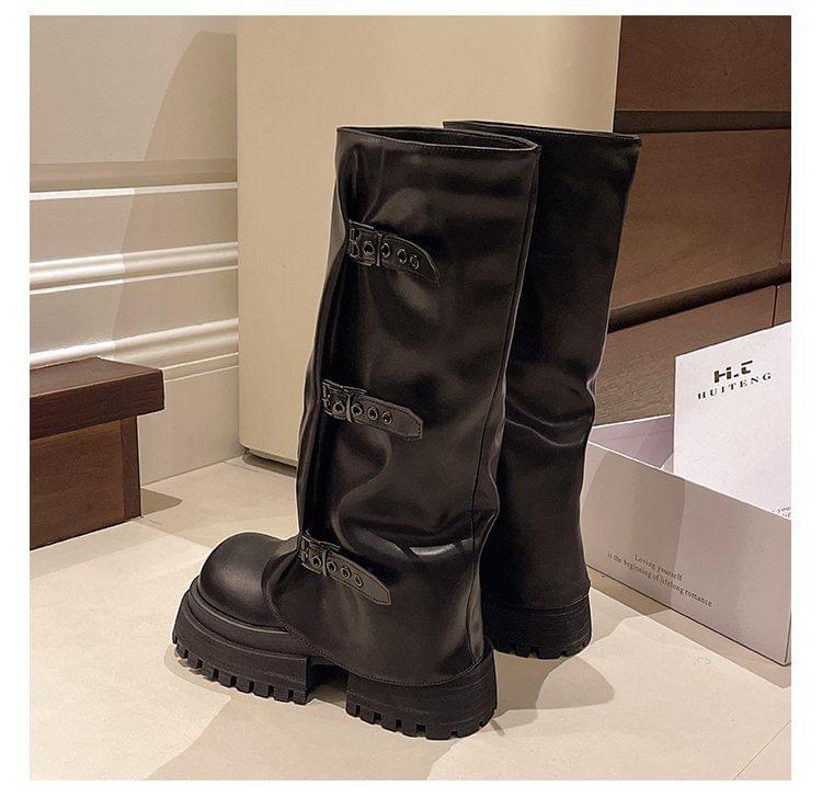 Platform Buckled Panel Knee High Boots Product Image