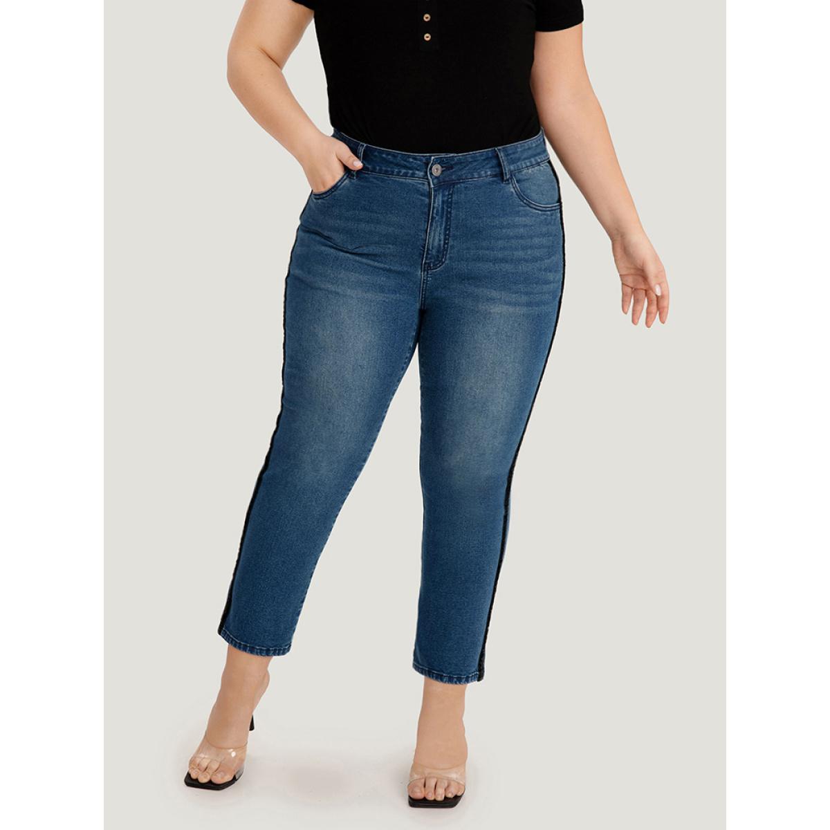 Plus Size Glitter Patchwork High Rise Very Stretchy Jeans Women Indigo Casual Plain Patchwork High stretch Pocket Jeans BloomChic 12/L Product Image