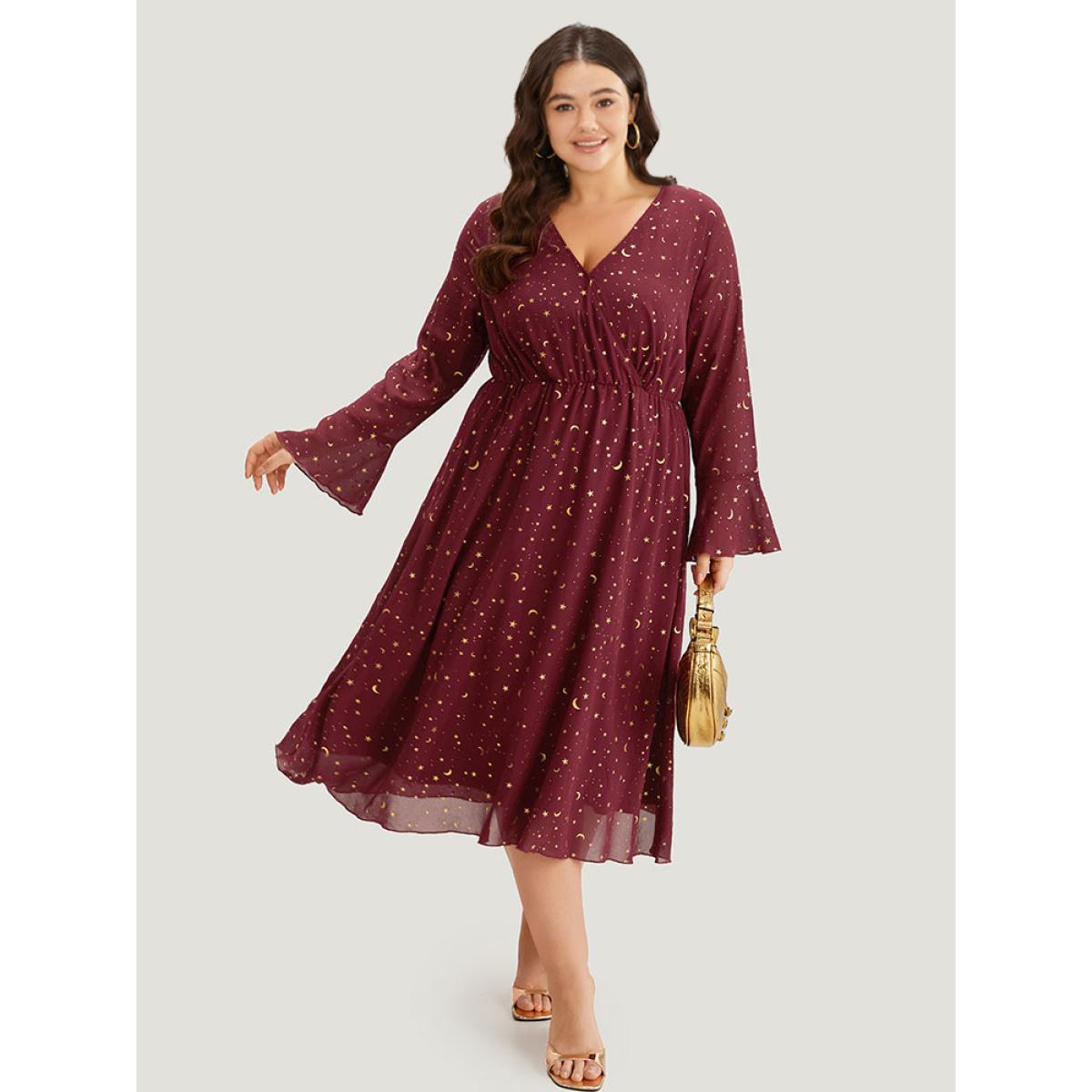 Plus Size Moon & Star Glitter Surplice Neck Bell Sleeve Dress Burgundy Women Party Printed V-neck Long Sleeve Curvy Midi Dress BloomChic 28/5X Product Image