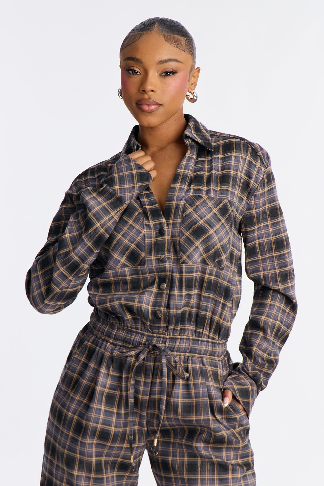 Carly Flannel Plaid Jumpsuit - Black/combo Female Product Image