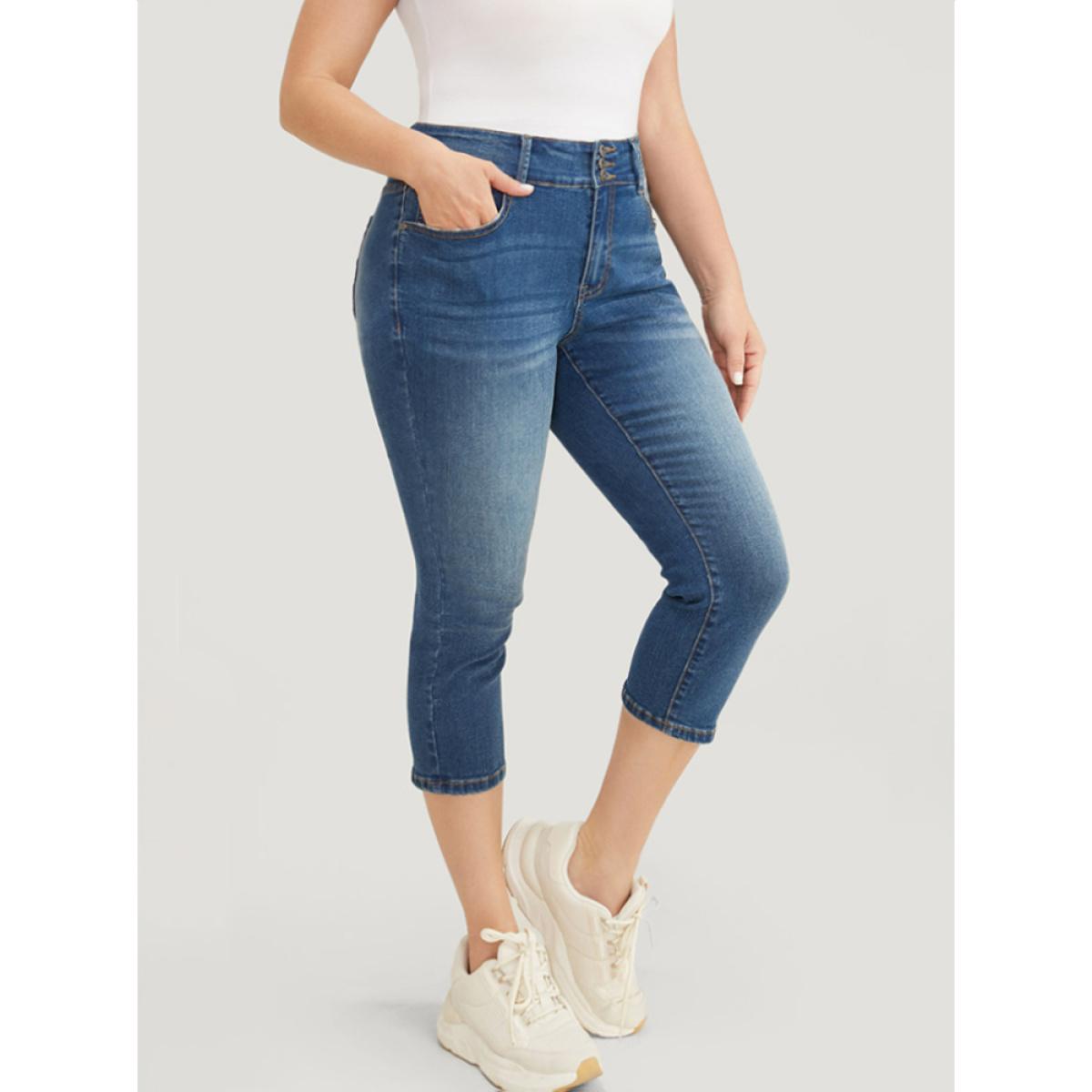 Plus Size Very Stretchy High Rise Medium Wash Cropped Jeans Women Blue Casual Plain High stretch Jeans BloomChic 22/3X Product Image