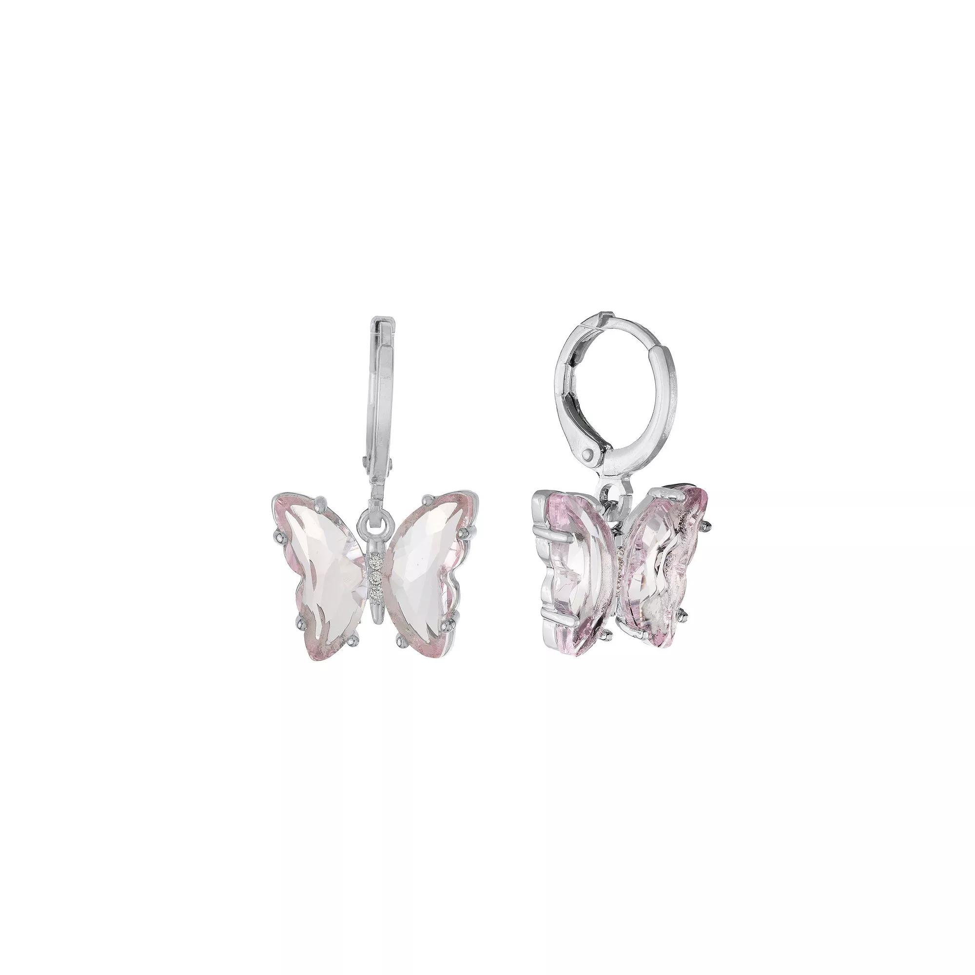 Main and Sterling Light Pink Crystal Butterfly Drop Earrings, Women's, Silver Tone Product Image