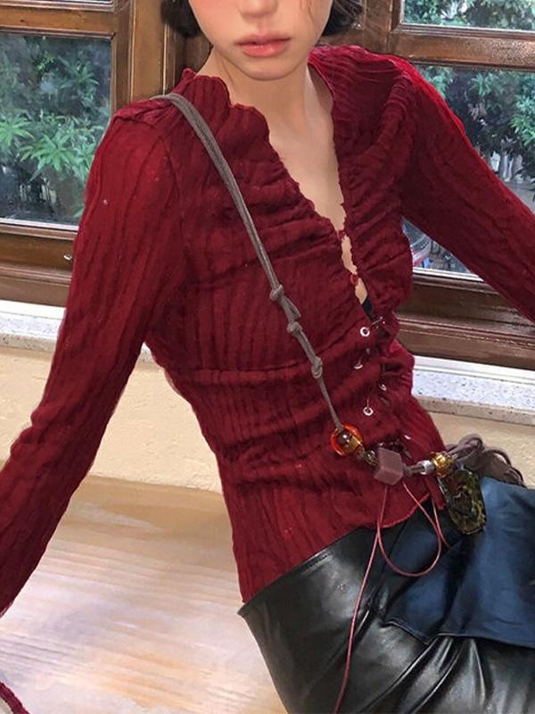 V Neck Pleated Lace Up Long Sleeve Shirt Product Image