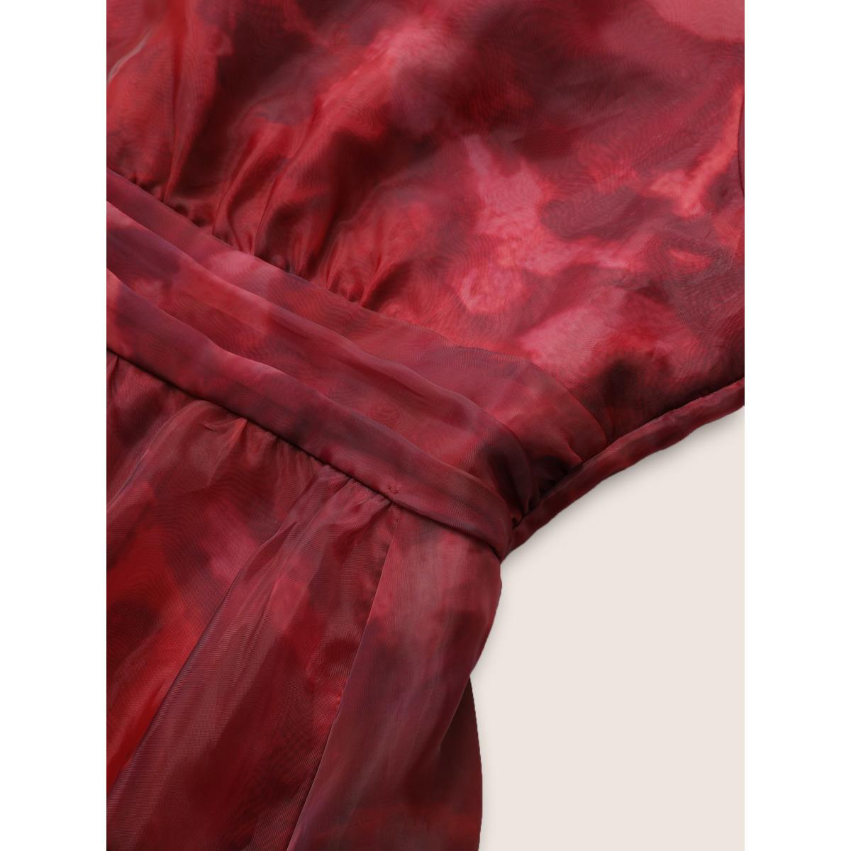 Plus Size Pixel Flower Mesh Gathered Lantern Sleeve Dress RedViolet Women Elegant Non V-neck Elbow-length sleeve Curvy Midi Dress BloomChic 10/M Product Image