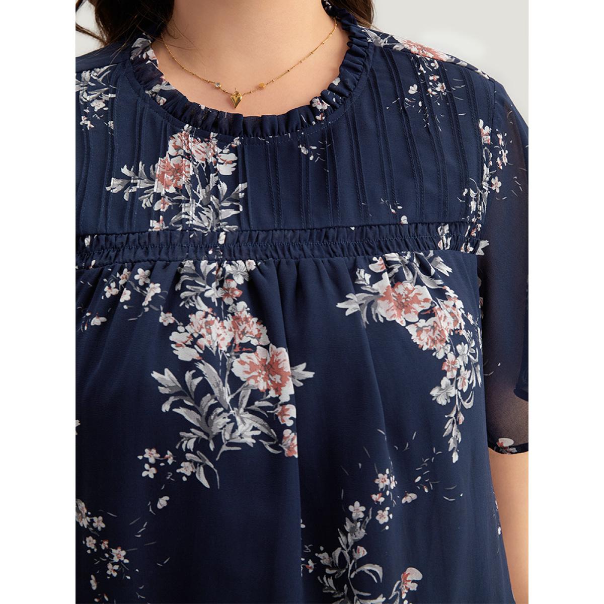 Plus Size Indigo Floral Print Frill Trim Shirred Flutter Sleeve Blouse Women Elegant Short sleeve Round Neck Dailywear Blouses BloomChic 26/4X Product Image