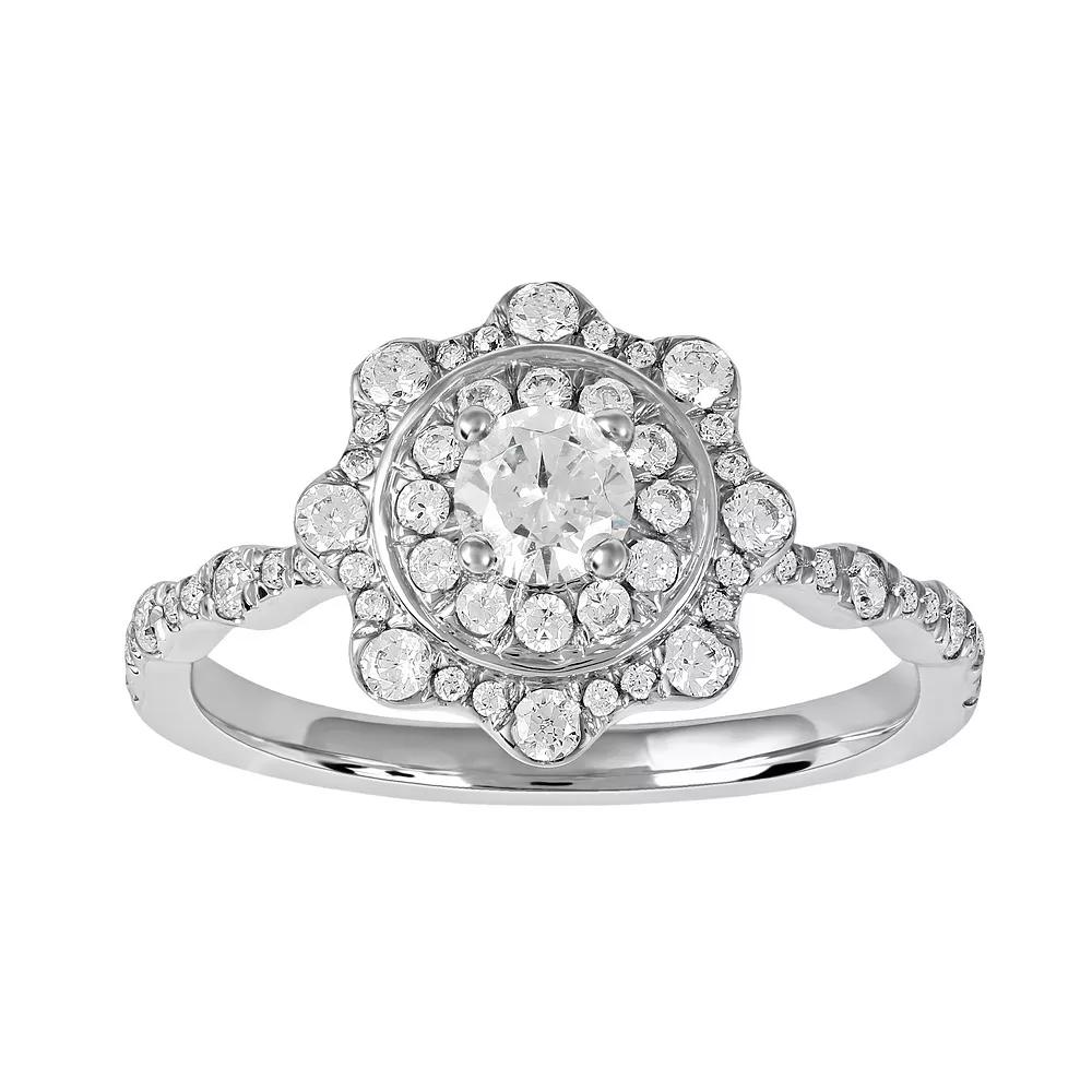 DeCouer 10k Gold 7/8 Carat T.W. Diamond Flower Double Halo Engagement Ring, Women's, 10k White Gold Product Image