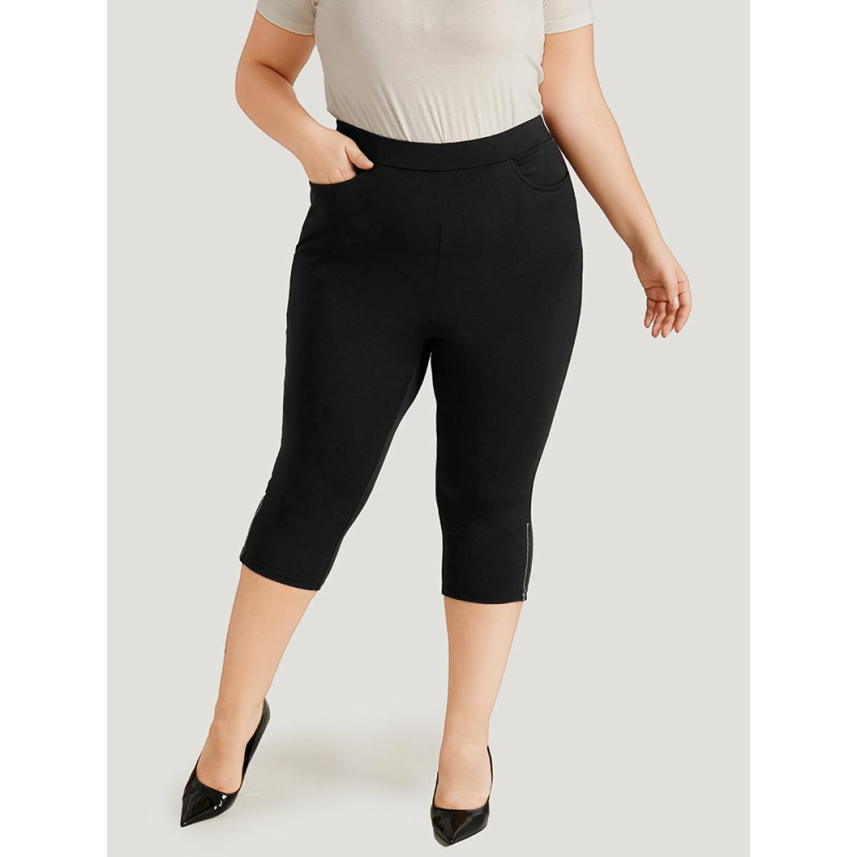 Plus Size Plain Skinny Pocket Zipper Cropped Pants Women Black Office Bodycon High Rise Office Pants BloomChic 10/M Product Image