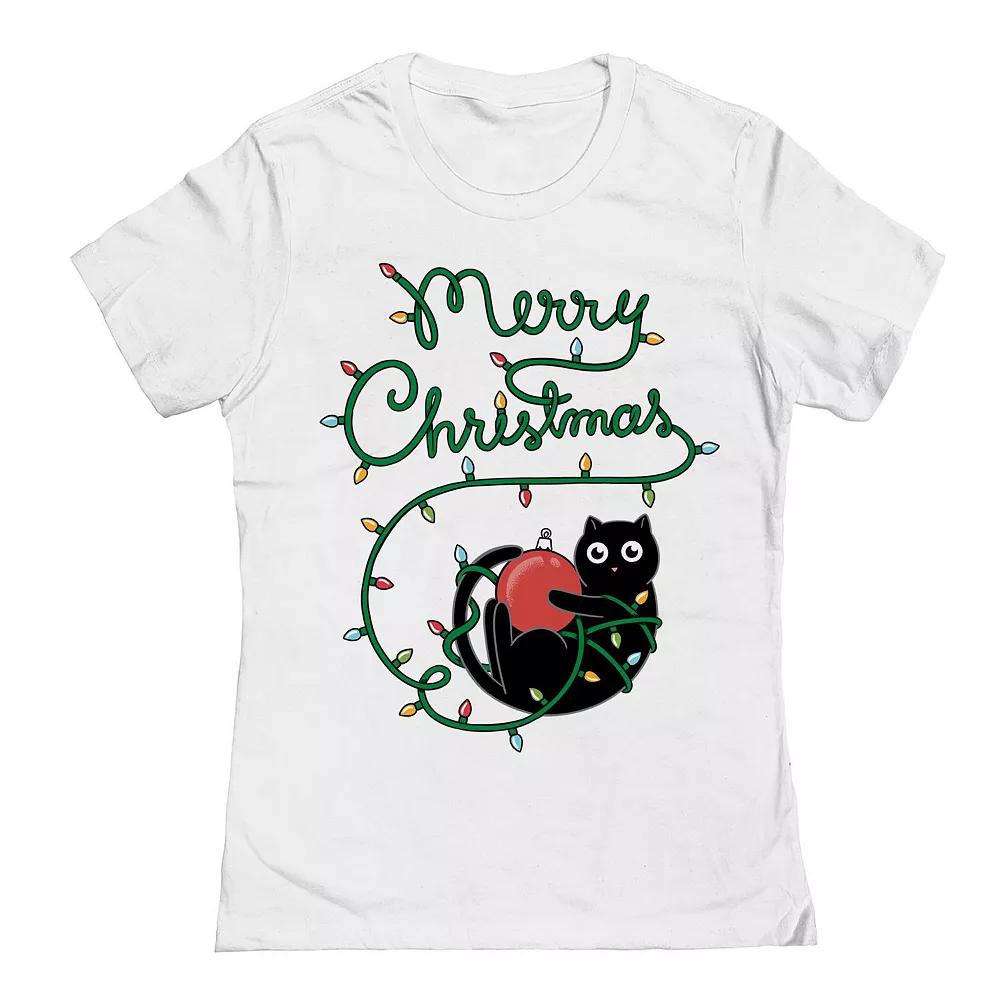 Junior's Cat Merry Christmas Graphic Tee, Women's, Size: Large, White Product Image